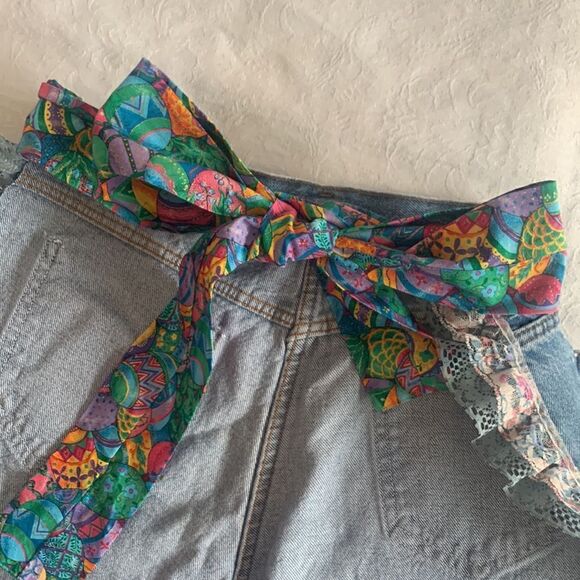 Recycled Jeans Apron Hand Crafted Easter Eggs Waist Tie Pockets - Picture 3 of 6